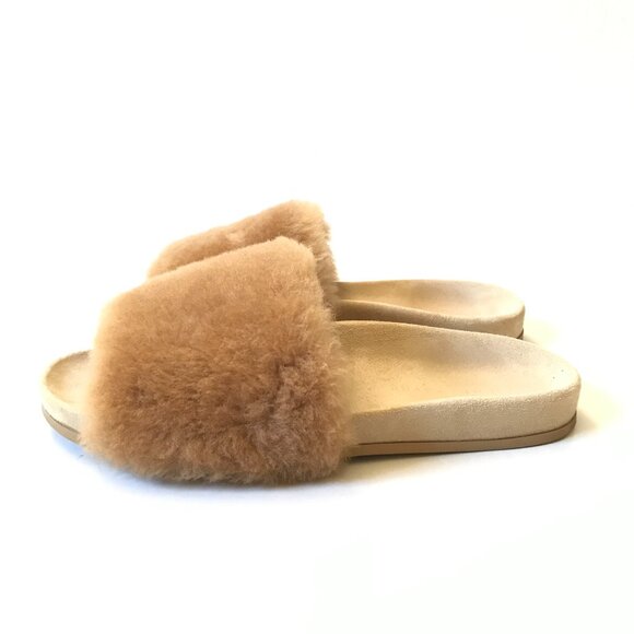 Jenni Kayne Shearling Slide Sandals Womens 39 9 Tan Brown Suede Open Toe Mules - Picture 9 of 13
